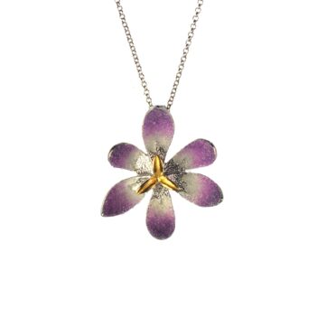 Ασημένιο 925 μενταγιόν λουλούδι με μωβ νανοκρύσταλλα και επίχρυση λεπτομέρεια